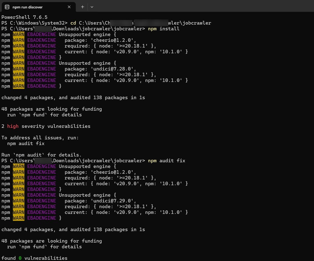 PowerShell: Wechsel ins Projektverzeichnis und npm install mit Node-Engine-Warnungen