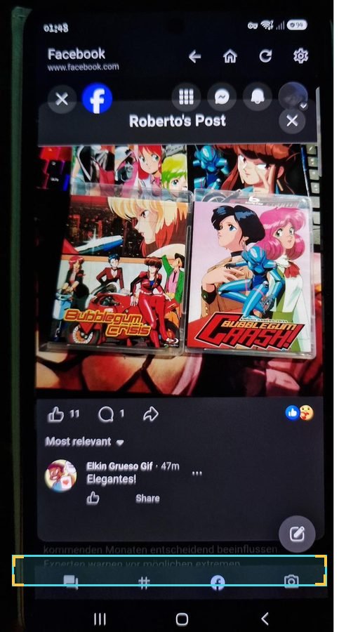 Facebook in der App, markiert die eigene Navigationsleiste mit vier Plattformen