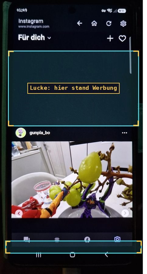 Instagram in der App, markiert die Feed-Lücke, wo ausgeblendete Werbung stand, und die eigene Navigationsleiste