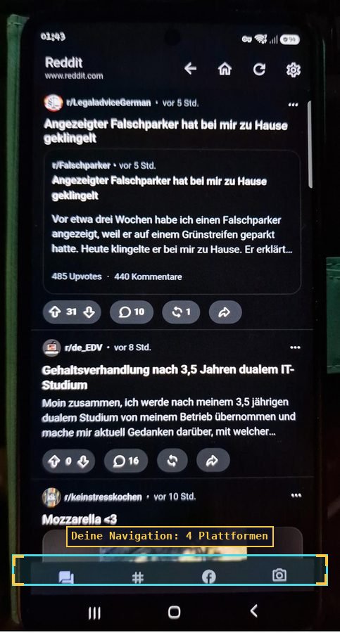 Reddit-Feed in der App, markiert die eigene Navigationsleiste mit vier Plattformen