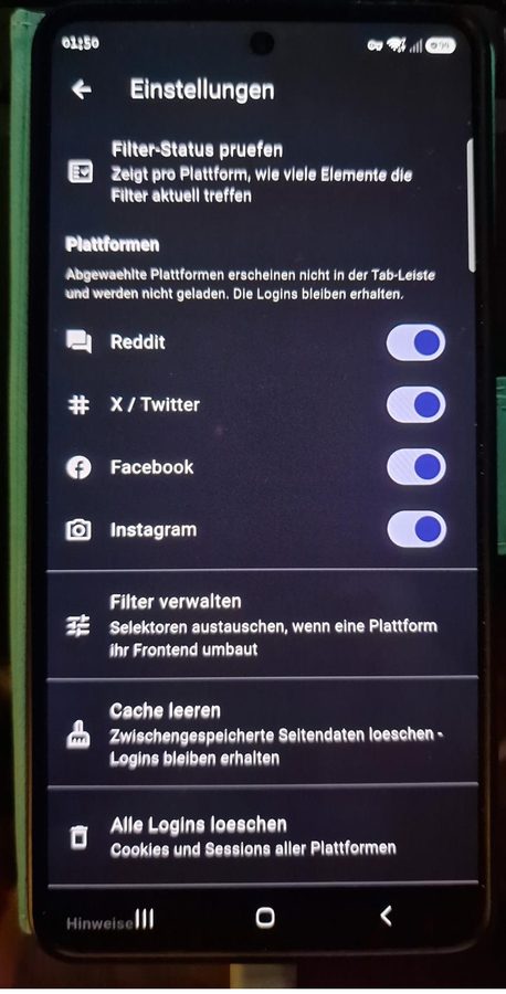 Einstellungen der App mit Plattform-Schaltern und Filter-Status
